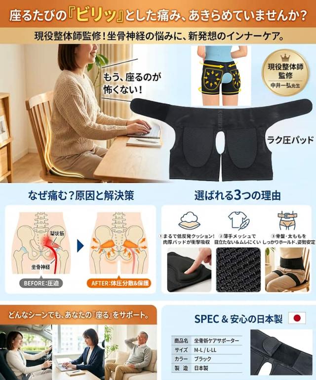 坐骨新ケアサポーターの特徴まとめ。現役整体師監修のポイント、原因と解決策の図解、選ばれる3つの理由。
