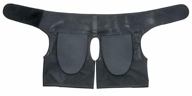 坐骨新ケアサポーターの全体図（平置き）。大きな左右の坐骨パッドと通気性の良いメッシュ生地。