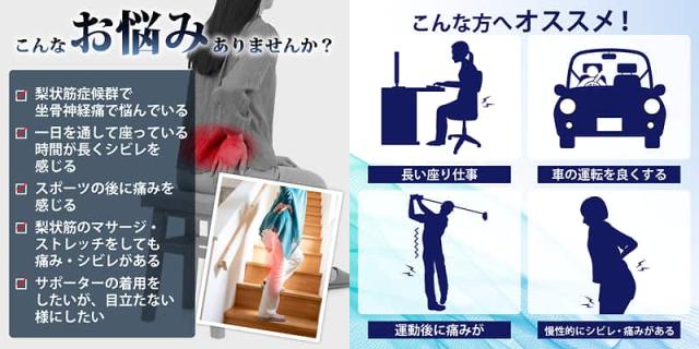 坐骨神経痛やシビレなどのお悩みチェックリストと、長時間の座り仕事や運転などおすすめのシーン。