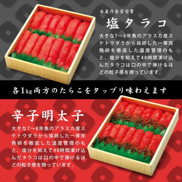 孝子屋 塩タラコ1kgと昆布入り辛子明太子1kg