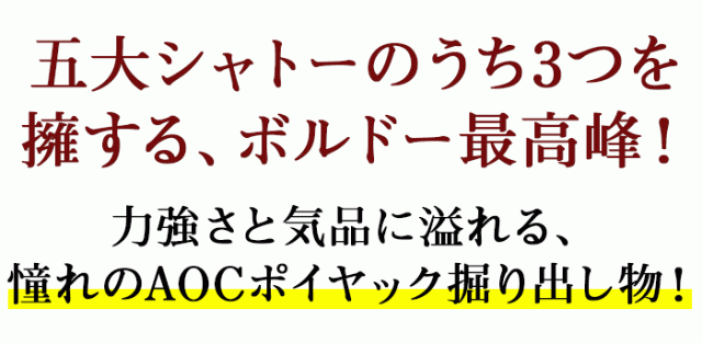 五大シャトーのうち3つを擁する、ボルドー最高峰！力強さと気品に溢れる、憧れのAOCポイヤック掘り出し物！