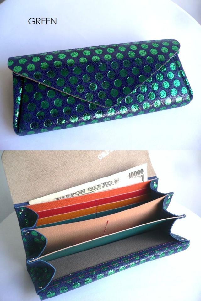 ノベルティ carmine カーマイン 水玉 リトルドット 箔押し レザー ロングウォレット 長財布 LWLD ゴールド/グリーン/ピンク/ベージュ ノベルティ carmine カーマイン 水玉 リトルドット 箔押し レザー