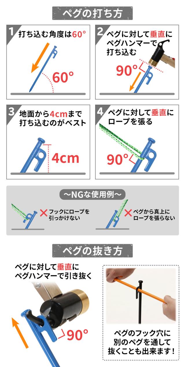 ペグの打ち込み方と抜き方