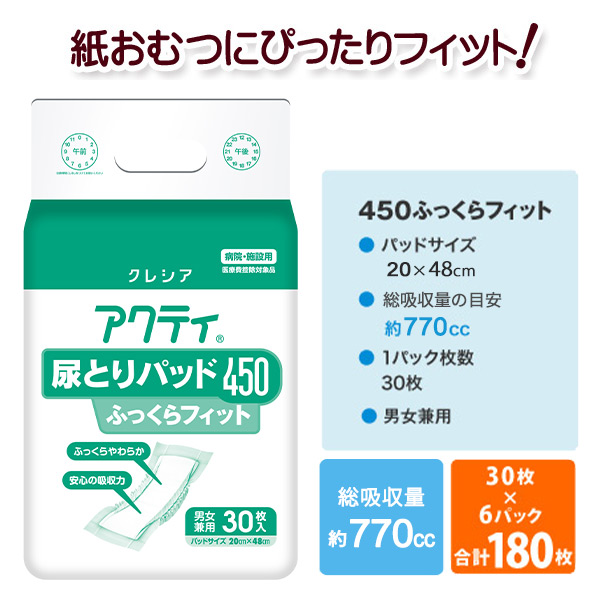 日本製紙クレシア【業務用】アクティ　尿とりパッド450ふっくらフィット(吸収量450cc)30枚×6(180枚)