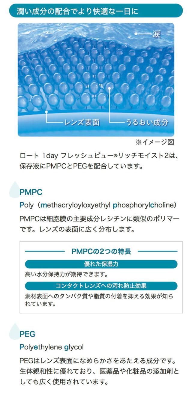 「潤い成分の配合でより快適な一日に」ロート 1day フレッシュビュー? リッチモイスト2は、保存液にPMPCとPEGを配合しています。「PMPC」Poly (methacryloyloxyethyl phosphorylcholine)PMPCは細胞膜の主要成分レシチンに類似のポリマーです。レンズの表面に広く分布します。-PMPCの2つの特長-「優れた保湿力」高い水分保持力が期待できます。「コンタクトレンズへの汚れ防止効果」素材表面へのタンパク質や脂質の付着を抑える効果が知られています。「PEG」Polyethylene glycol PEGはレンズ表面になめらかさをあたえる成分です。生体親和性に優れており、医薬品や化粧品の添加剤としても広く使用されています。