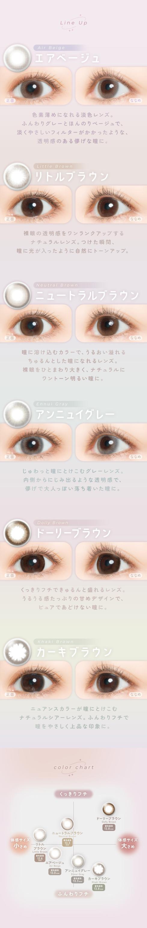 フェアリーワンデーニュートラルシリーズ FAIRY 1day NEUTRAL SERIES:●Line Up Air Beige（エアベージュ）色素薄めになれる淡色レンズ。ふんわりグレーとほんのりベージュで、薄くやさしいフィルターがかかったような、透明感のある儚げな瞳に。●Little Brown（リトルブラウン）裸眼の透明感をグンとアップするナチュラルレンズ。つけた瞬間、瞳に光が入ったように自然にトーンアップ。●Neutral Brown（ニュートラルブラウン）瞳に溶け込むカラーで、さり気なく優しさあふれる瞳になれるレンズ。裸眼をひとまわり大きく、ナチュラルにワントーン明るい瞳に。●Ennui Gray（アンニュイグレー）じゅわっと瞳にとけこむグレーレンズ。内側からにじみ出るような透明感で、儚げで大人っぽい落ち着いた瞳に。●Dolly Brown（ドーリーブラウン）くっきりフチできゅるんと盛れるレンズ。うるうる感たっぷりの甘めデザインで、ピュアであどけない瞳に。●Khaki Brown（カーキブラウン）ニュアンスカラーが瞳にとけこむナチュラルシアーレンズ。ふんわりフチで瞳をやさしく上品な印象に。●Color Chartサイズやデザインで好みのカラコンを選びやすく比較。●体感サイズ 小さめ リトルブラウン エアベージュ 体感サイズ 大きめ ドーリーブラウン くっきりフチ ドーリーブラウン ふんわりフチ エアベージュ ニュートラルブラウン アンニュイグレー カーキブラウン