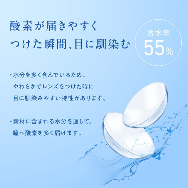 1dayEyeWell ワンデーアイウェル　酸素が届きやすくつけた瞬間、目に馴染む　含水率55％　水分を多く含んでいるためやわらかでレンズをつけた時に目に馴染みやすい特性があります。素材に含まれる水分を通して、瞳へ酸素を多く届けます。