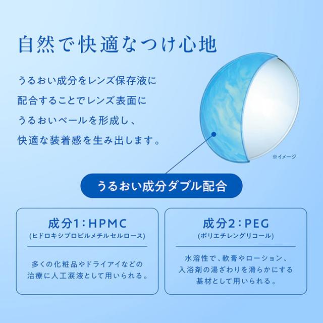 1dayEyeWell ワンデーアイウェル　自然で快適なつけ心地　うるおい成分をレンズ保存液に配合することでレンズ表面にうるおいベールを形成し、快適な装用感を生み出します。うるおい成分ダブル配合。成分1：HPMC、成分2：PEG