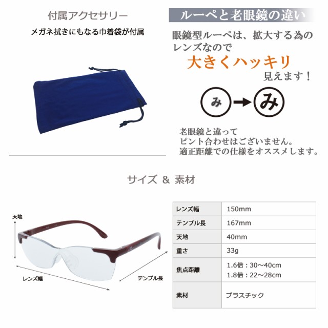 メガネ ルーペ 眼鏡 メガネ型ルーペ おしゃれ エレガントタイプ 倍率 1.6倍 1.8倍 拡大鏡 シニアグラス 収納袋付き オーバーグラス  メの通販はau PAY マーケット スマートサプライ au PAY マーケット－通販サイト