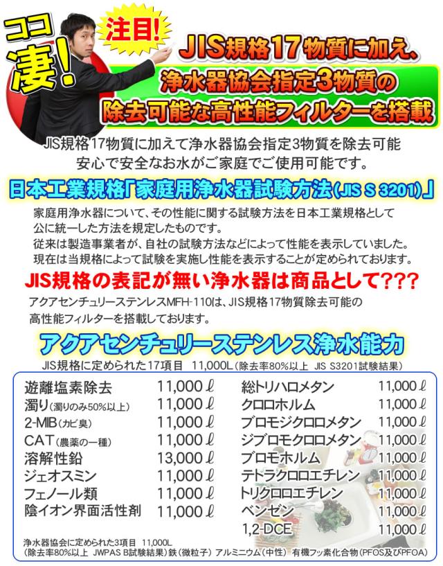 ゼンケンアクアセンチュリーステンレス MFH-110のカートリッジはJIS規格17物質に加え浄水器協会指定3物質も除去可能