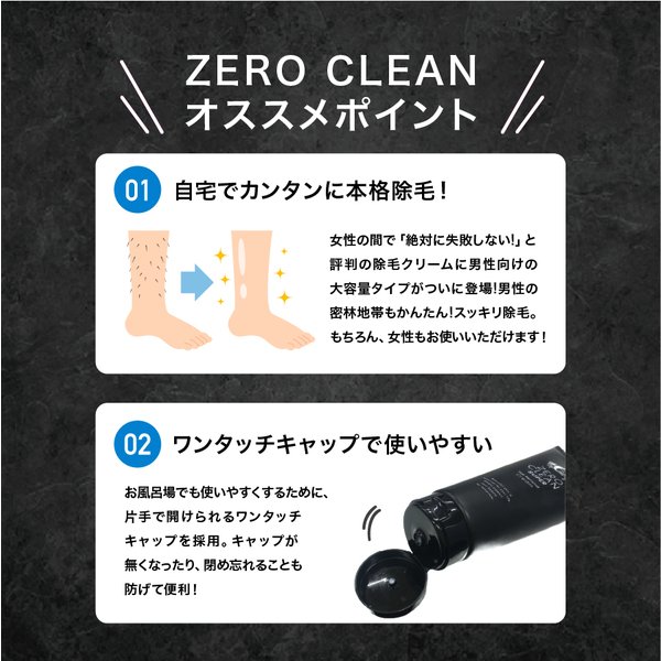 ゼロクリーンおすすめポイント 01自宅でカンタンに本格除毛 02ワンタッチキャップで使いやすい 付属スポンジ付き