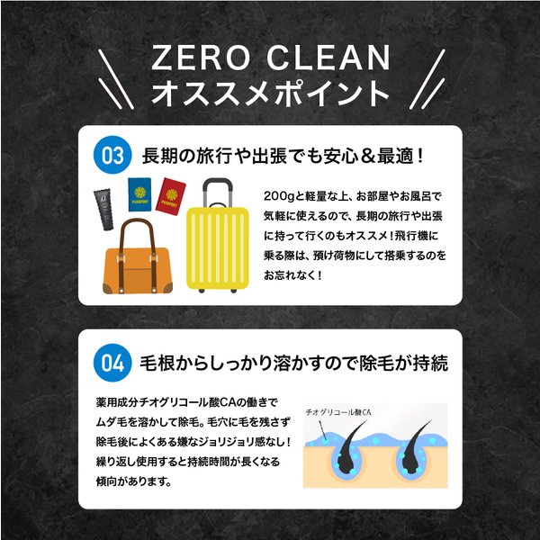 ゼロクリーンおすすめポイント 03旅行や出張にも便利な200g 04毛根からしっかり溶かすので除毛が持続