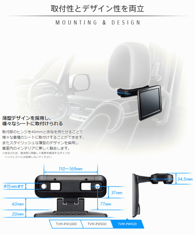 carrozzeria カロッツェリア TVM-PW920T 9V 型ワイドVGA プライベートモニター（2台セット）  LOWポジションタイプの通販はau PAY マーケット - Car Parts Shop MM | au PAY マーケット－通販サイト