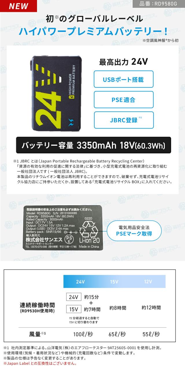 24V 2025年 GLOBALバッテリー＆ファン付き】サンエス SUN-S kansai