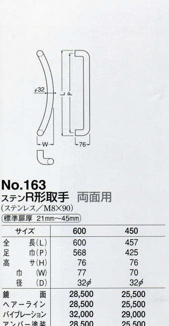 シロクマ  No.163 ステンR形取手 (両面用) バイブレーション 600mm(ピッチ568) - 1