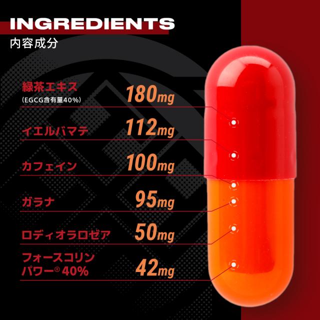 内容成分：緑茶エキス180mg,イエルバマテ112mg,カフェイン100mg,ガラナ95mg,ロディオラロゼア50mg,コレウスフォルスコリ42mg