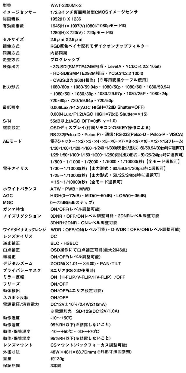 WAT-2200 Mk-2 仕様 3G-SDI対応HDSDI方式CSマウント高画質防犯カメラ
