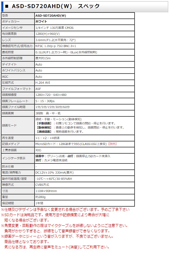 ASD-SD720AHD【SDカードカメラ】