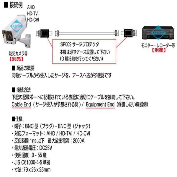 
SP009【HDTVI/AHD/HDCVI/CVBS映像信号用BNC仕様サージプロテクター】