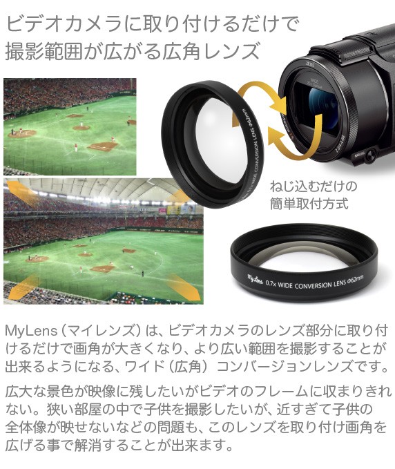 ビデオカメラ用 広角レンズ「My Lens マイレンズ 薄型 0.7倍 ワイド