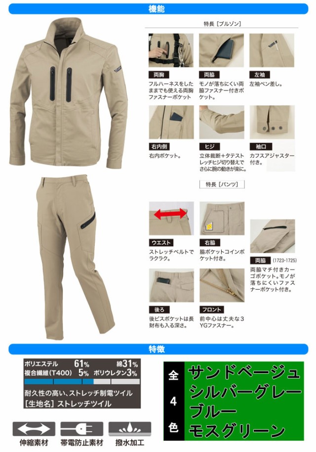 ジーベック 長袖ブルゾン レディスラットズボン 作業服 ストレッチ 上下セット おしゃれ 作業着 通販 レディース 17 1725