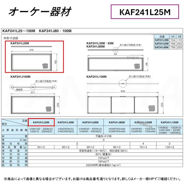 【】 ◎ｵｰｹｰ器材 《KAF241L25M》交換用ｴｱﾌｨﾙﾀｰ 標準用 : 高機能換気設備ﾍﾞﾝﾃｨｴｰﾙ別売り品 O.K.KIZAI ﾀﾞｲｷﾝ 純正品 業務用