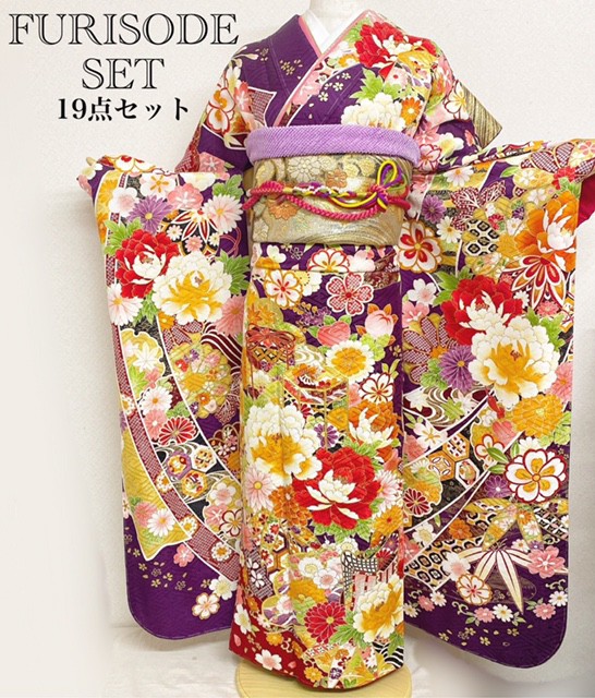 【新品】 振袖 19点 セット　紫 パープル 古典柄 花 華やか 成人の日 二十歳 正絹 結婚式 卒業式 パーティー 振袖下見可能  番号furisode-｜au PAY マーケット