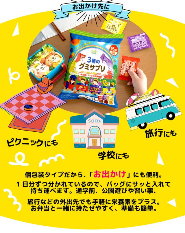 個包装タイプ/お出かけ/便利/1日分ずつ/持ち運ぶ/通学前/公園遊び/習い事/旅行/外出先/手軽に栄養素/弁当と一緒に/準備簡単