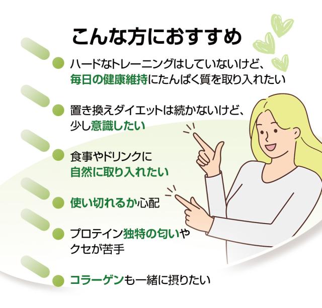 こんな方におすすめ/健康維持/ダイエット/自然/使い切る/プロテインの匂いが敏感/コラーゲンも一緒