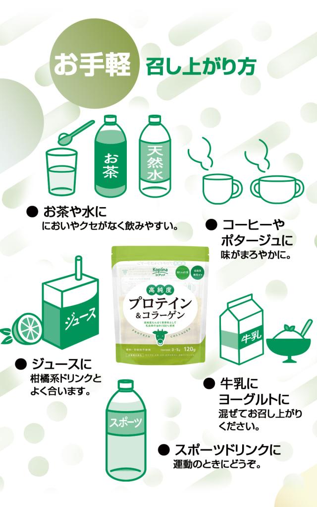 お手軽召し上がり方/お茶や水に/コーヒーやポタージュに/ジュースに/牛乳にヨーグルトに/スポーツドリンクに