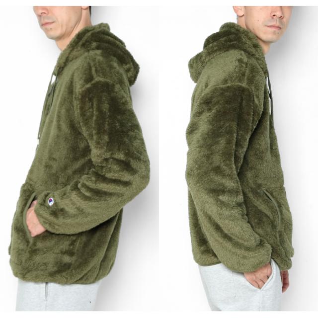 チャンピオン シェルパフリース ジップパーカー 着用画像 オリーブ サイド