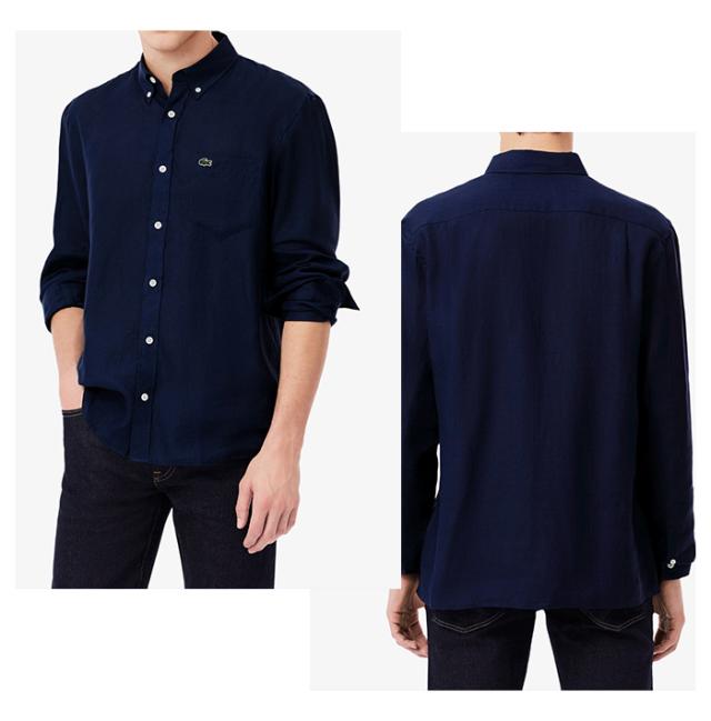 ラコステ LACOSTE リネンシャツ シャツ ワイシャツ 襟シャツ 胸ロゴ 紺 ネイビー