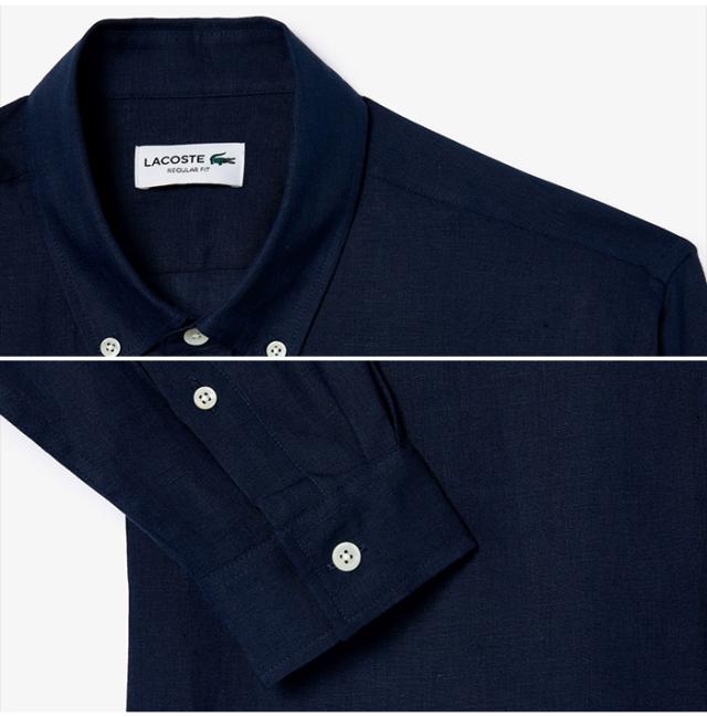 ラコステ LACOSTE リネンシャツ シャツ ワイシャツ 襟シャツ 胸ロゴ 紺 ネイビー 襟 袖