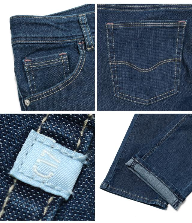 コインポケットのあるデニムらしい5ポケットデザイン。バックポケットにはシンプルにタグをあしらっています。