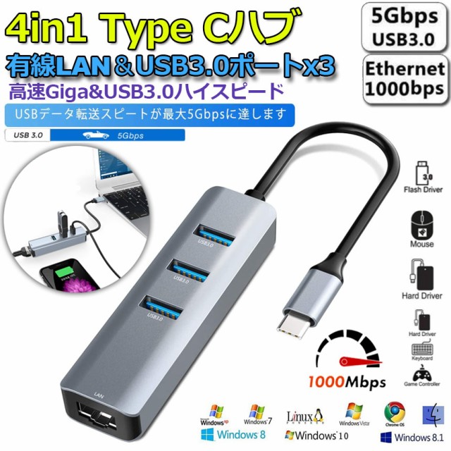 USB C ハブ RJ45 Thunderbolt 3 1000Mbps 有線LAN 4ポートアダプター RJ45 変換アダプタ 5Gbps高速 USB拡張  高速伝送 USB3.0ポート×3 ネの通販はau PAY マーケット - e-finds | au PAY マーケット－通販サイト