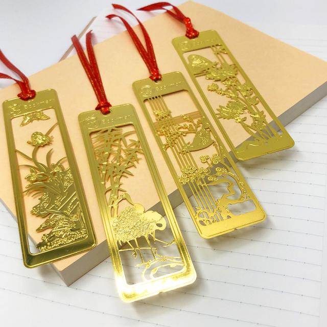 しおり ブックマーカー 8枚セット 栞 四君子 梅 蘭 竹 菊 透かし彫り