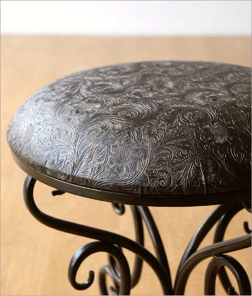 スツール アイアン&レザー アンティーク調 ペイズリー柄 丸椅子 椅子