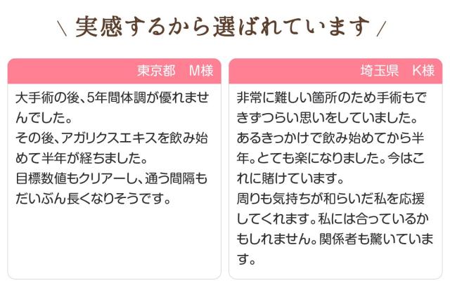 実感するから選ばれています 大手術の後、5年間体調が優れませんでした。その後、アガリクスエキスを飲み始めて半年が経ちました。目標数値もクリアーし、通う間隔もだいぶ長くなりそうです。/非常に難しい箇所のため、手術もできず辛い思いをしていました。…とても楽になりました。今はこれに賭けています。周りも気持ちが和らいだ私を応援してくれます。私には合っているかもしれません。関係者も驚いています。