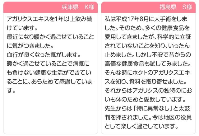 アガリクスエキスを1年以上飲み続けています。…血行が良くなった気がします。暖かく過ごせていることで病気にも負けない健康な生活が出来ていることに、改めて感謝しています。/私は平成17年8月に大手術をしました。そのため、多くの健康食品を愛用してきましたが、科学的に立証されていないことを知り、いったん止めました。…そんな時にホクトのアガリクスエキスを知り、資料を取り寄せました。…先生からは「特に異常なし」と太鼓判を押されました。今は地区の役員として楽しく過ごしています。