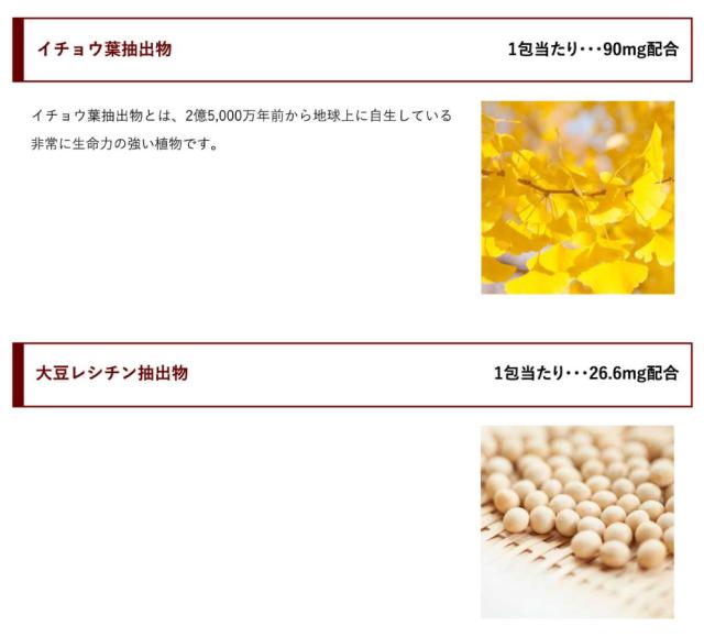イチョウ葉抽出物 90mg/包、大豆レシチン抽出物26.6mg/包