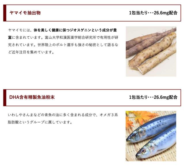 ヤマイモ抽出物 26.6mg/包、DHA含有精製魚油粉末26.6mg/包
