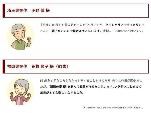 埼玉県在住 小野博様:「記憶の素 極」を飲み始めてまだ2ヶ月ですが、とてもクリアですっきりしています。調子がいいので続けようと思います。定期コースはいいと思います。/福岡県在住 荒牧順子様:65歳を過ぎたころからうっかりすることが増えたり、色々な作業が面倒でしたが、「記憶の素 極」を飲んで笑顔が増えたと思います。フラダンスも初めて毎日がとても楽しくなりました。