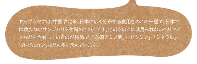 ヤマブシタケは、他のきのこには見られないヘリセノンなどを含有しているのが特徴で、「必須アミノ酸」・「ビタミン」・「ミネラル」・「β-グルカン」なども多く含んでいます。