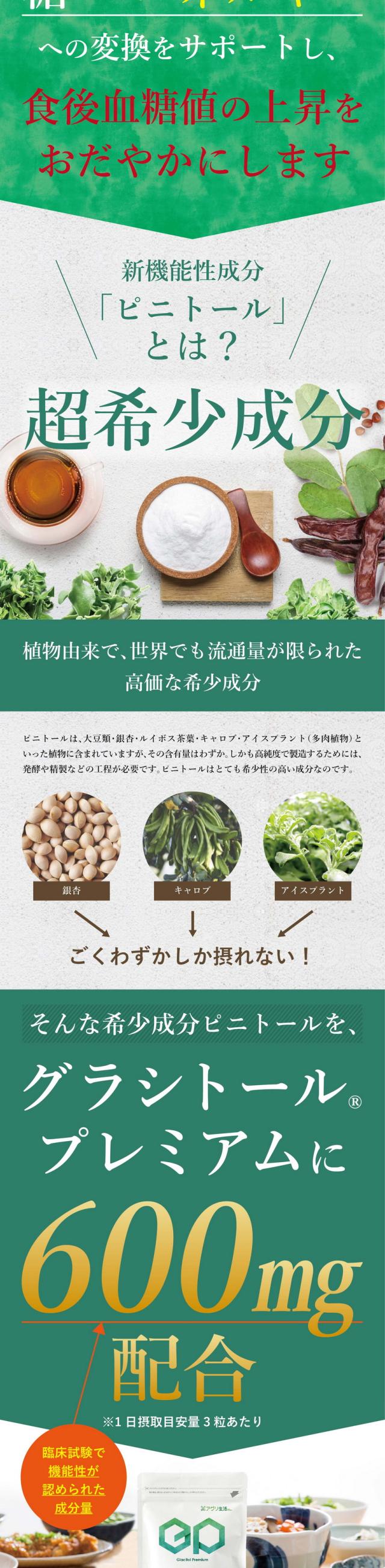 新機能性成分ピニトールで糖からエネルギーへの変換をサポートし食後血糖値の上昇をおだやかにします/新機能性成分ピニトールとは超希少成分/植物由来で世界でも流通量が限られた高価な希少成分/ピニトールは大豆類・銀杏・ルイボス茶葉・キャロブ・アイスプラント（多肉植物）といった植物に含まれていますがその含有量はわずか/しかも高純度で製造するためには発酵や精製などの工程が必要です/ピニトールはとても希少性の高い成分なのです/そんな希少成分ピニトールをグラシトールプレミアムに600mg配合/臨床試験で機能性が認められた成分量/1日摂取目目安量3粒あたり