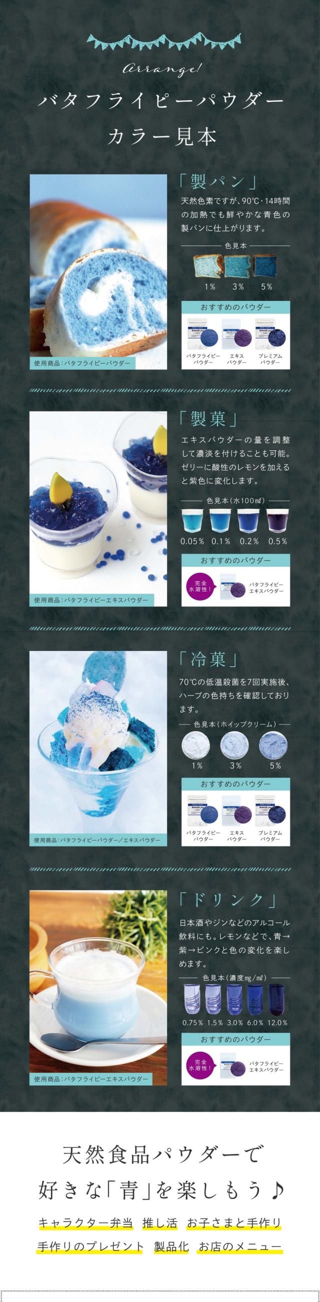 バタフライピーパウダーカラー見本/天然食品パウダーで好きな青色を楽しもう/キャラクター弁当/推し活/お子さまと手作り/手作りのプレゼント/製品化/お店のメニュー/バタフライピーパウダー使用上の注意点/酸性・アルカリ性のもので色が変化します/加熱するときのコツ/焼き菓子、パンなどに使用する際は熱で色がくすんだり表面が焼けすぎたりする場合があります/焼き菓子の場合はアルミホイルを被せて焼き時間を短くし様子を見ながら追加で加熱するのがおすすめです/水と混ぜるときのコツ/ゼリー、ドリンクなど水と混ぜる場合はお湯を使うと色がキレイに出ます/少量のお湯または温めた液体で溶いてから冷たい材料に加えるとダマになりにくいです/またパウダーをお湯に入れる際お茶袋の使用をおすすめしております/生地に混ぜるときのコツ/パン、ケーキなどの生地に混ぜる場合はふるいを使い少量ずつ入れてください/ダマになりにくくなります