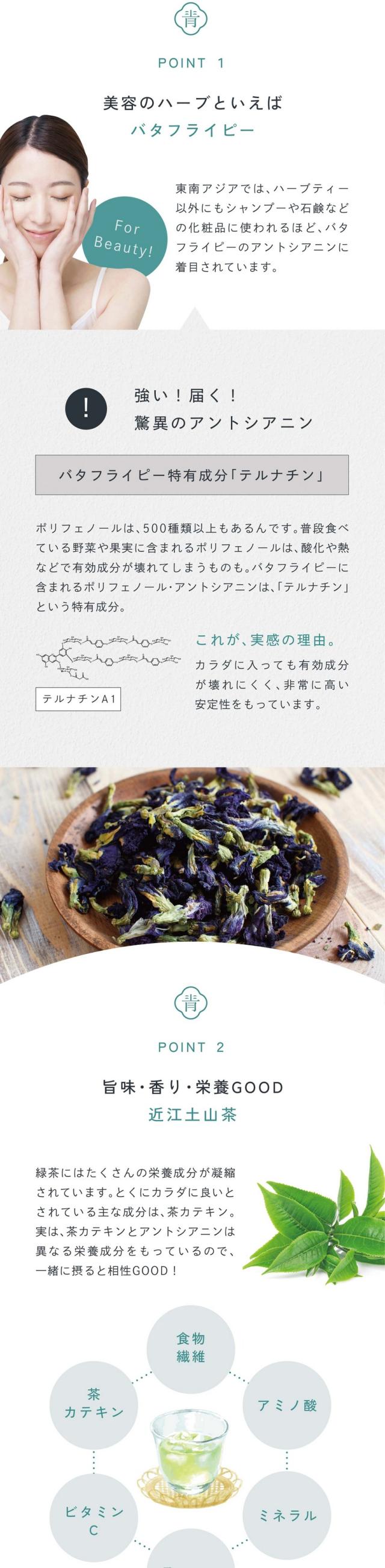 point01:美容のハーブといえばバタフライピー。東南アジアではハーブティー以外にもシャンプーや石鹸など化粧品に使われるほどバタフライピーのアントシアニンに着目されています。強い!届く!驚異のアントシアニン。バタフライピー特有成分「テルナチン」。ポリフェノールは500種類以上もあるんです。普段食べている野菜や果実に含まれるポリフェノールは酸化や熱などで有効成分が壊れてしまうものも。バタフライピーに含まれるポリフェノール・アントシアニンは「テルナチン」という特有成分。これが実感の理由。カラダに入っても有効成分が壊れにくく非常に高い安定性をもっています。point02:旨味・香り・栄養GOOD近江土山茶。緑茶には沢山の栄養成分が凝縮されています。とくにカラダに良いとされている主な成分は茶カテキン。実は茶カテキンとアントシアニンは異なる栄養成分をもっているので一緒に摂ると相性GOOD!食物繊維・茶カテキン・ビタミンC・テアニン・ミネラル・アミノ酸。滋賀県最大の生産量を誇る近江随一の茶所。滋賀県の野洲川沿いにあるなだらかな丘隆地に茶畑が広がり長い日照時間と清らかな水に恵まれて育つ土山茶はまったりとした深い味わいが持ち味です。味わい深い土山茶。