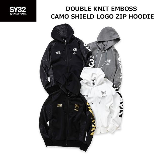 SY32 パーカー ダブル ニット エンボス カモ シールド ロゴ フーディー 13510 メンズ ウエア 全4色 ブラック/ホワイト ブラック/ゴールド ホワイト/ブラック グレー/ホワイト SY32 パーカー フーディー ダブル ニット エンボス カモ シールド ロゴ