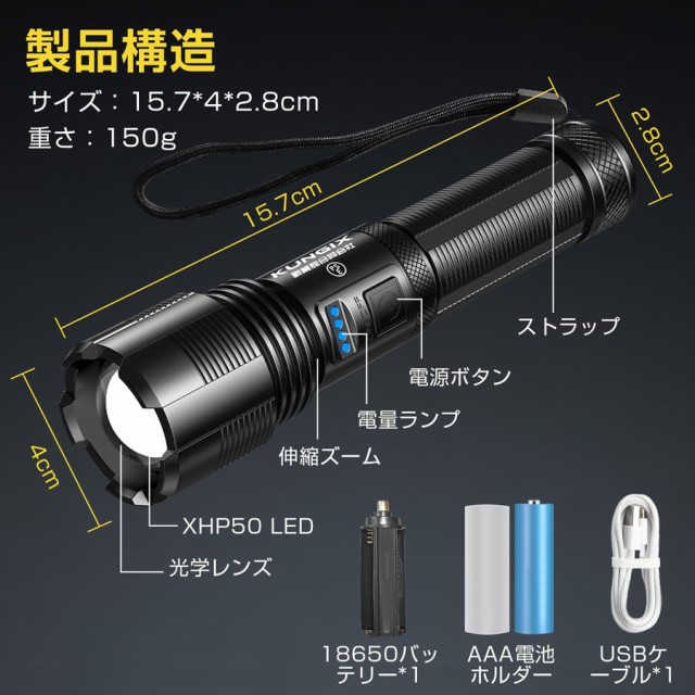 三太郎の日タイムセール】LED懐中電灯 USB充電式 ハンディライト LED 