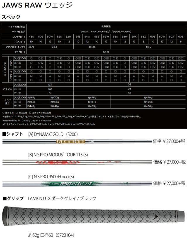 2022年モデル日本正規品30％OFF キャロウェイ ゴルフ ジョーズ ロウ ウェッジ クロム仕上げ 軟鉄鋳造 N.S.PRO 950GH neo スチールシャフト 「Callaway JAWS RAW wedge」