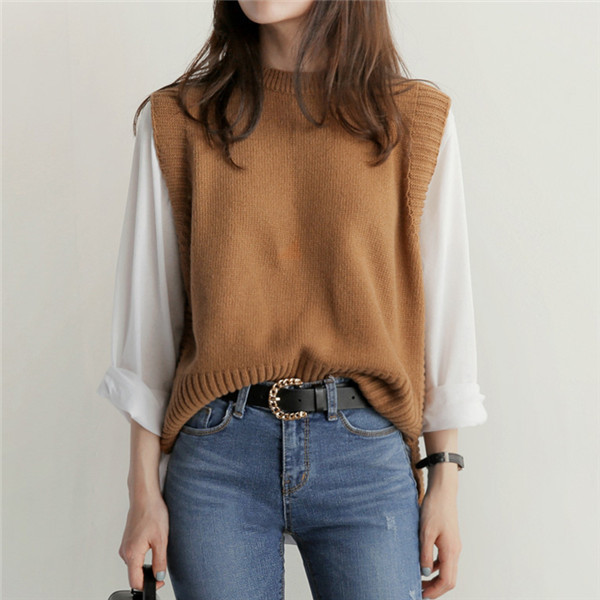 ニットベスト レディース 秋服 ベストセーター 無地 ショット丈